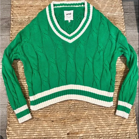 🍂🍁 Fall NWT Aerie Cropped Green Cable V-Neck Sweater Sz Large - Picture 7 of 8